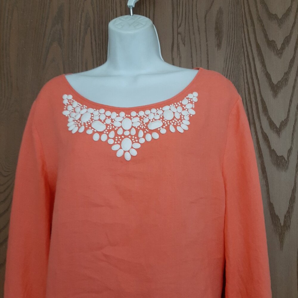 Talbots Pink Linen White Beaded Tunic Top Size Large Round Neck